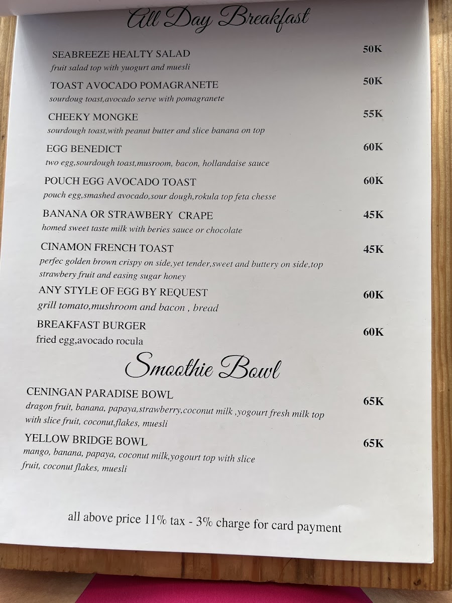 Sea Breeze Cafe Ceningan Menu - Image 1